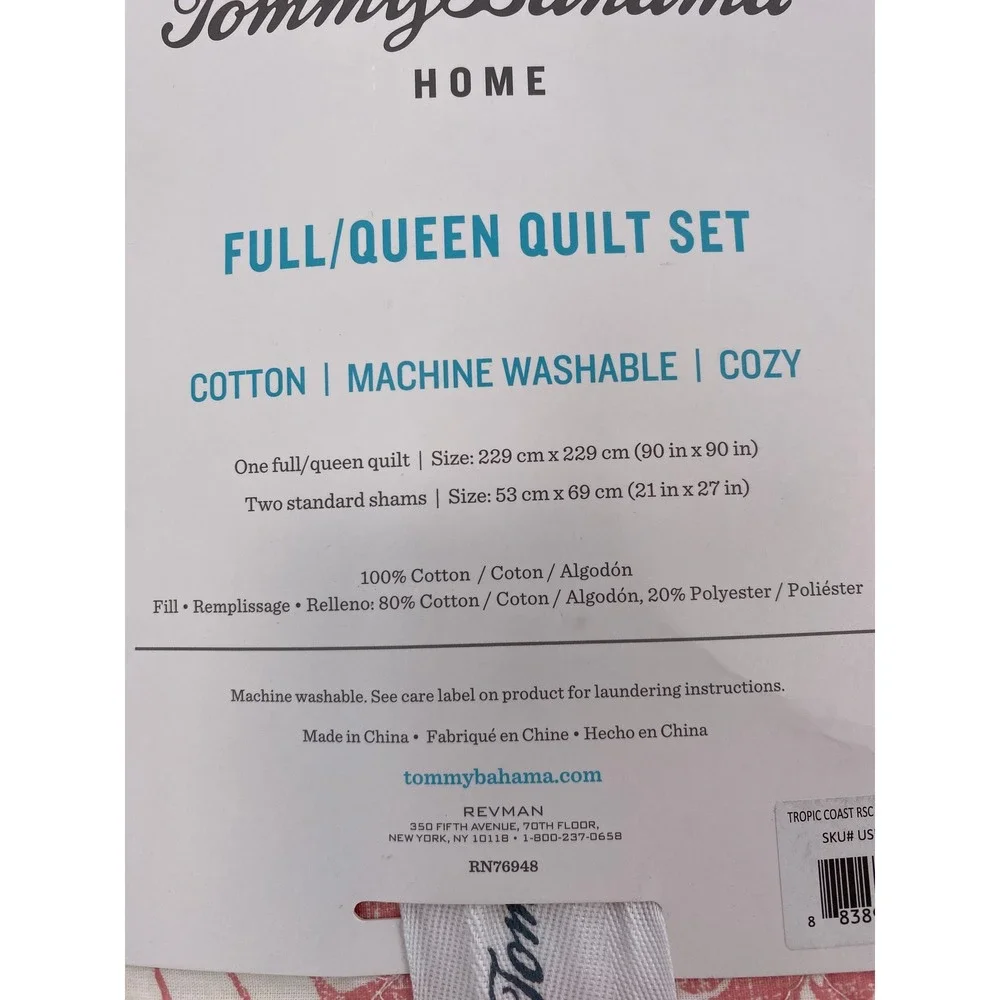 Tommy Bahama Quilt Set Full/Queen Coral White Tropical Floral Coastal Reversible